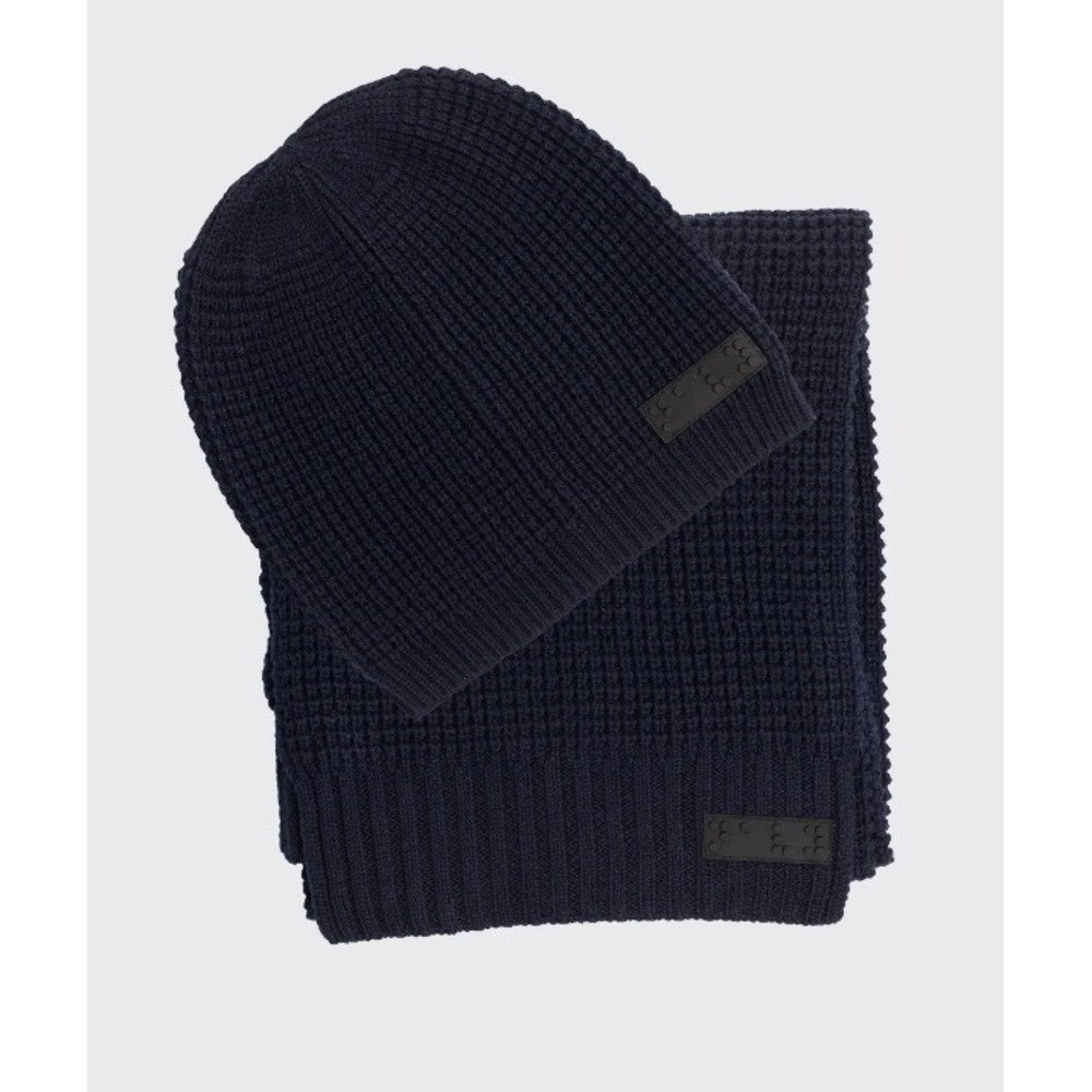 Two Blind Brothers Waffle Knit Beanie Scarf Set Navy Braille Wool Blend NWT
